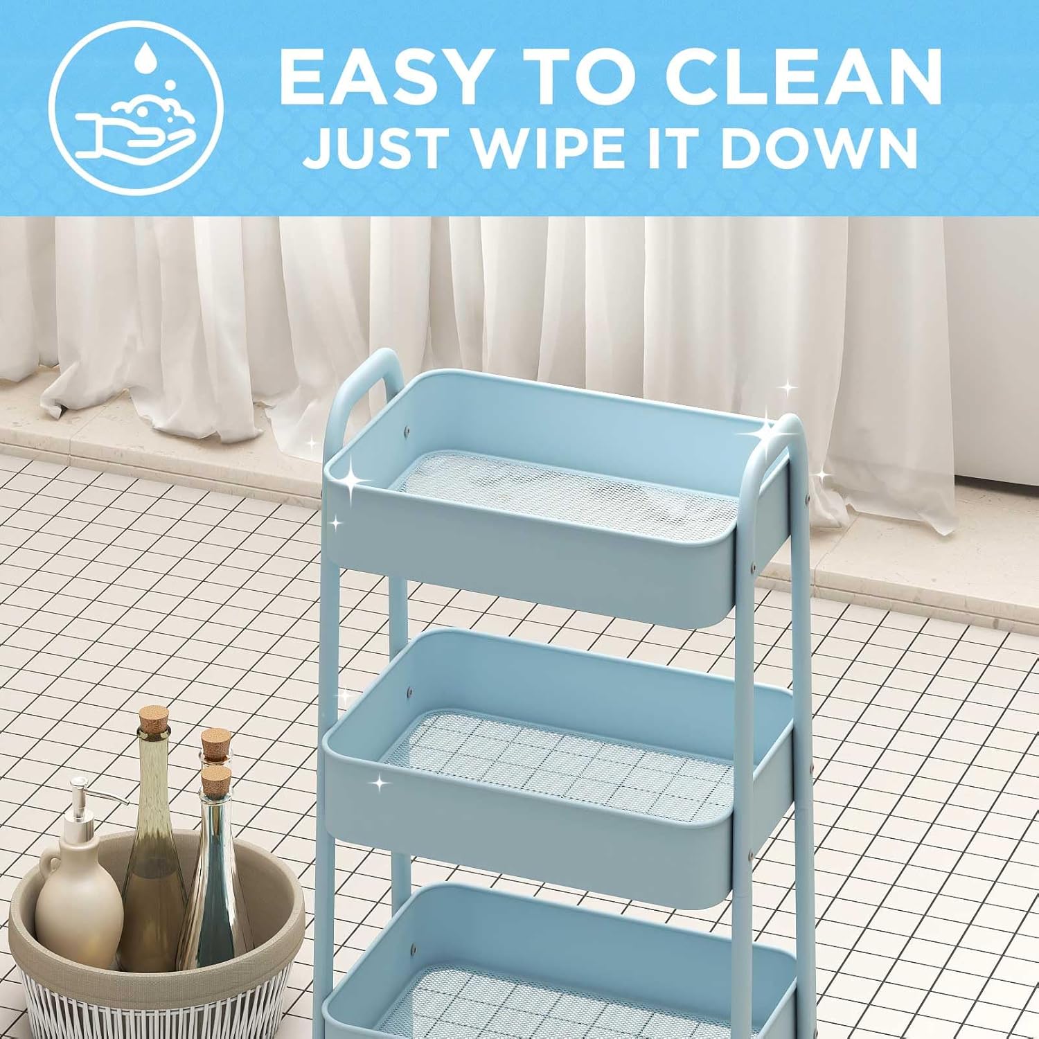 AGTEK 3 Tier Utility Rolling Cart with Lockable Wheels, Metal Multifunctional Storage, Organizer Cart for Kitchen, Office, Living Room, Makeup, Craft, Art Studio, Light Blue