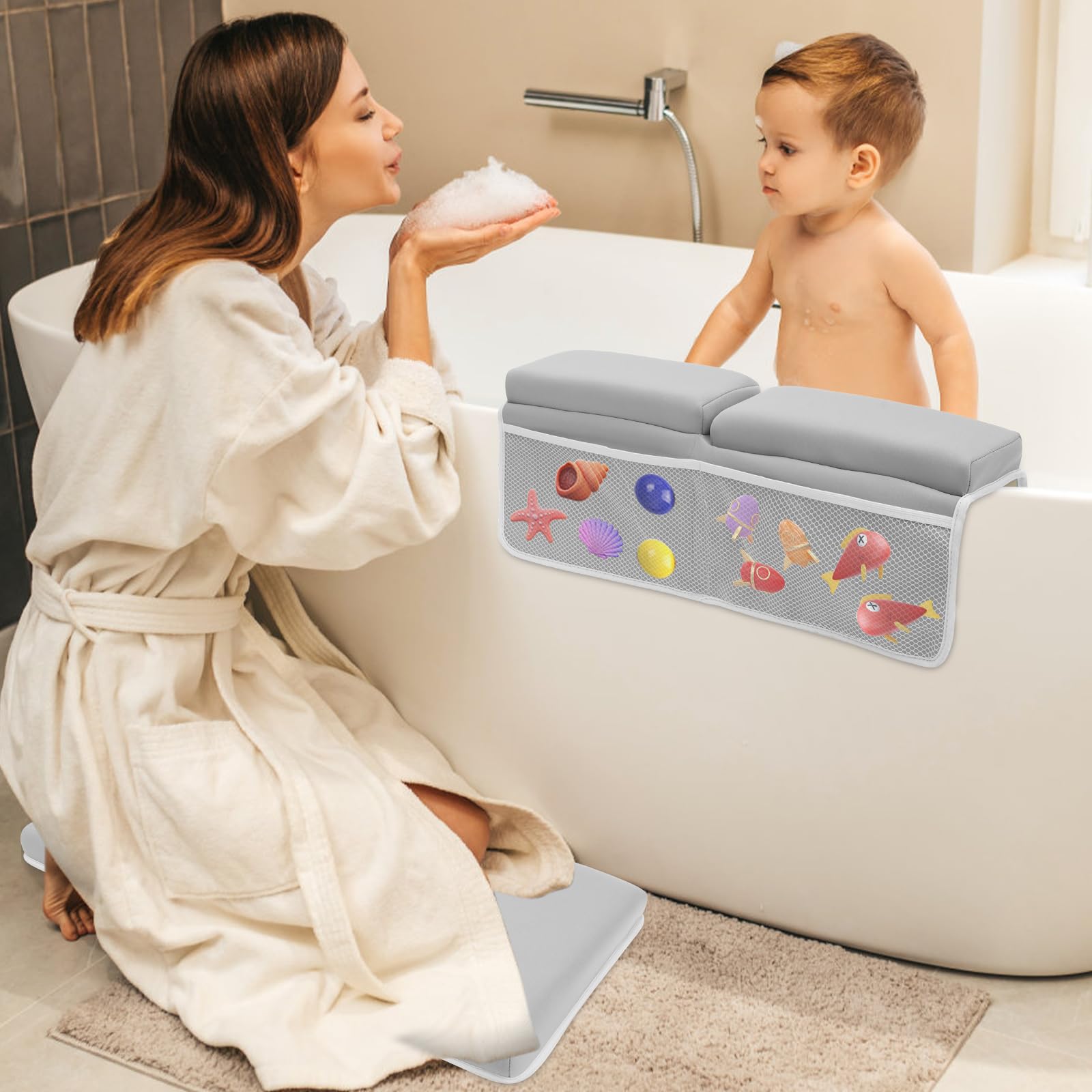 2Pcs Baby Bath Kneeler and Elbow Rest Pad Set Comfortable Bath Kneeling Pad Foldable Anti-Slip BathTub Elbow Pads with 4 Organizer Pockets Washable Baby Bathe Cushion for Toddler Kids Bathing