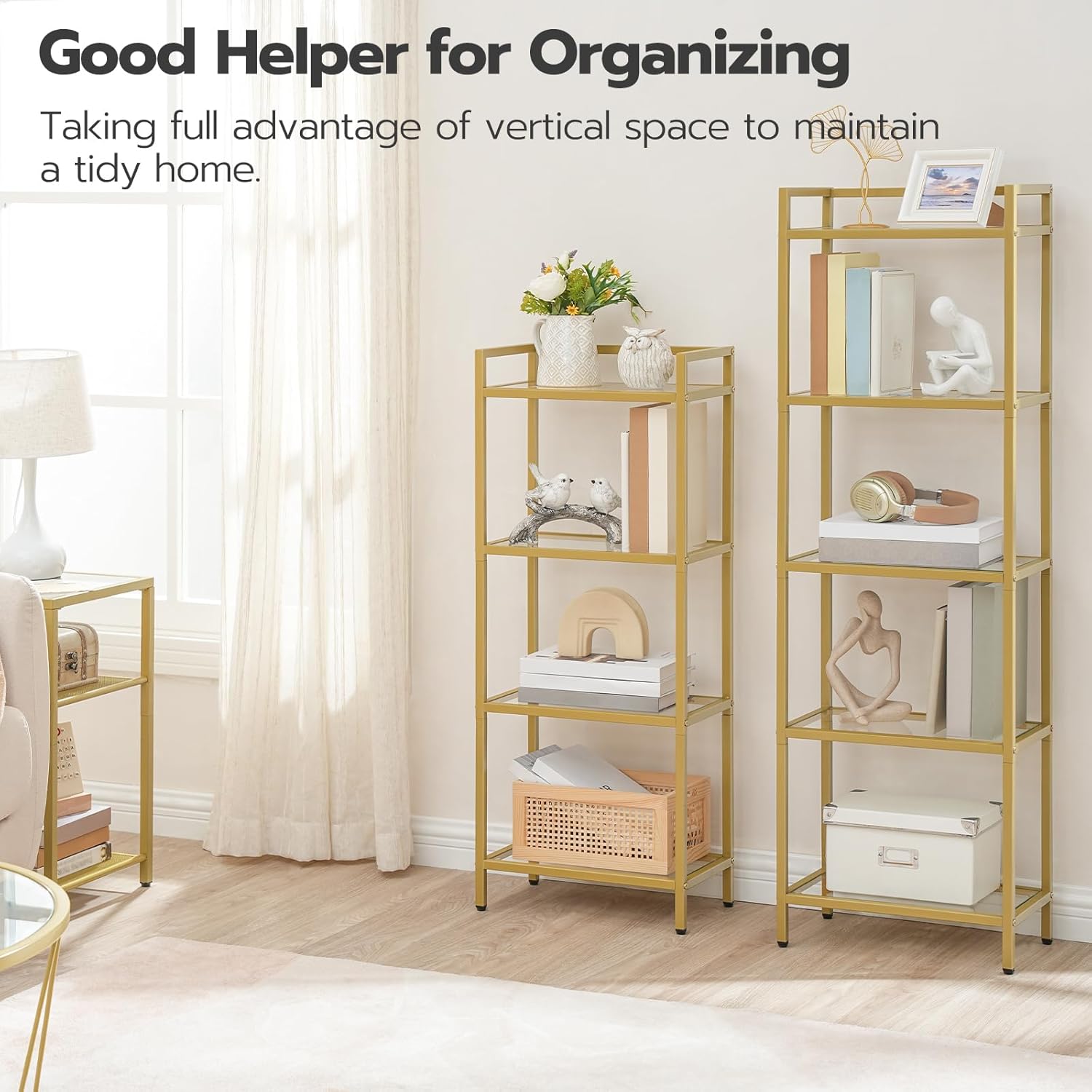 HOOBRO 5-Tier Gold Shelf, Narrow Book Shelf, Display Cabinet with Glass Bookcase, Corner Shelf Storage for Small Spaces, for Home Office, Living Room, Bedroom, Gold GD45SJ01 - Image 4