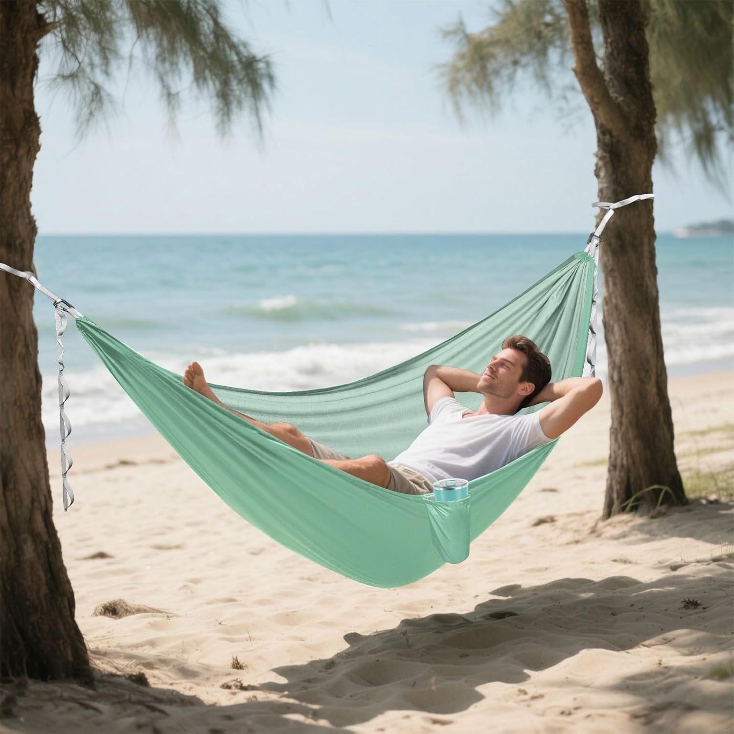 Sage Green Plain Hammocks with Hanging Rope Hanging Hammock for Camping & Hiking Essential