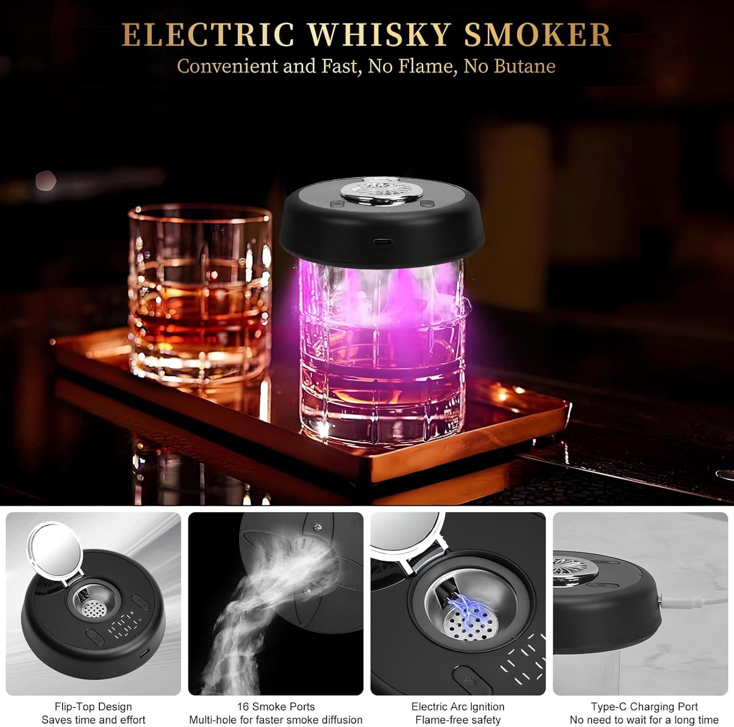 Electric Whiskey Smoker Kit with 7-Color Lights, 6 Flavors Wood Chips Cocktail Shaker with Sphere Ice Mold & Stainless Steel Ice Cubes, Old Fashioned Smoker for Father's Day, Gifts for Him