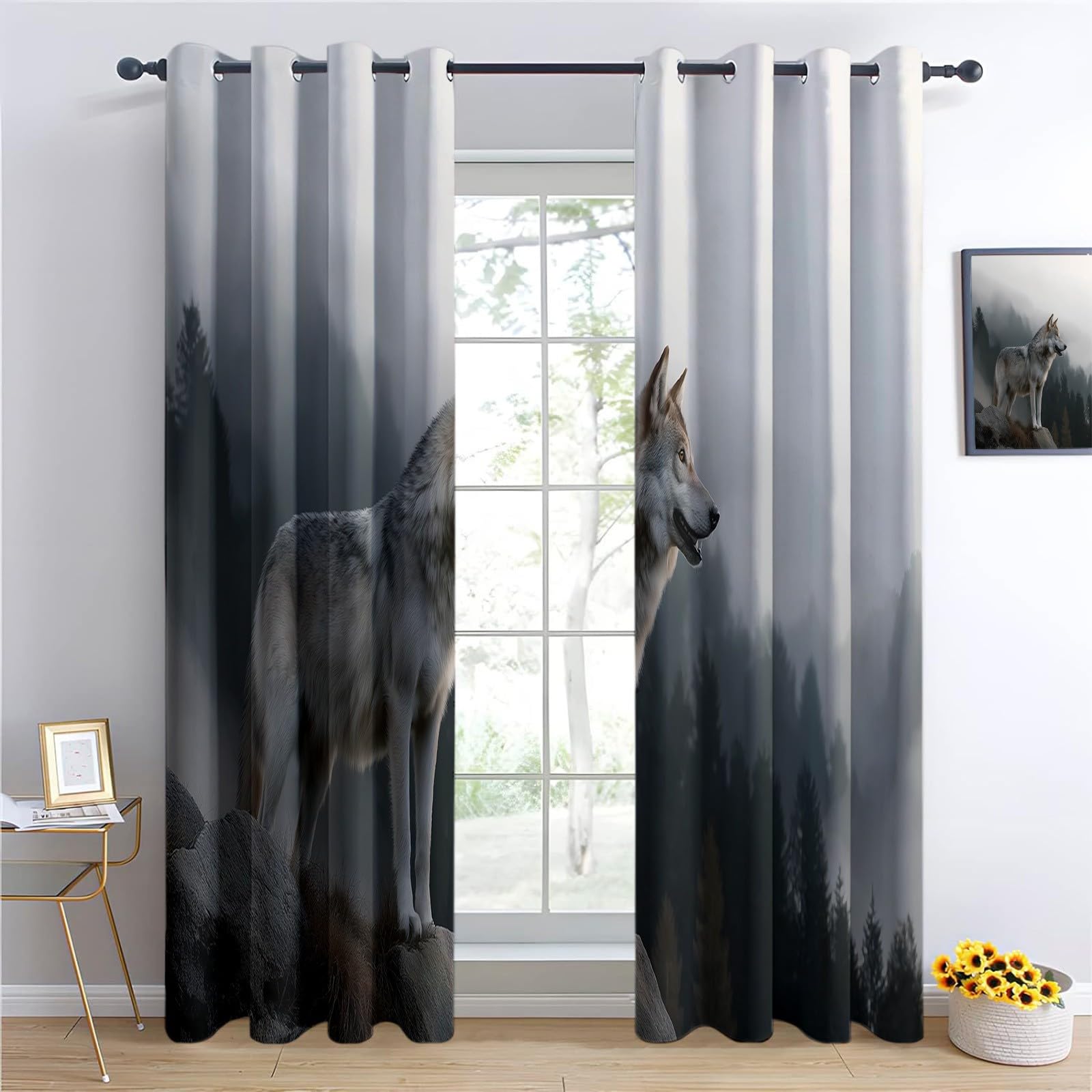Générique Zasłony izolowane termicznie, 140 L x 260 H cm, zestaw 2 zasłon z motywem wilka, z przelotkami, do sypialni i salonu, jasnoszare