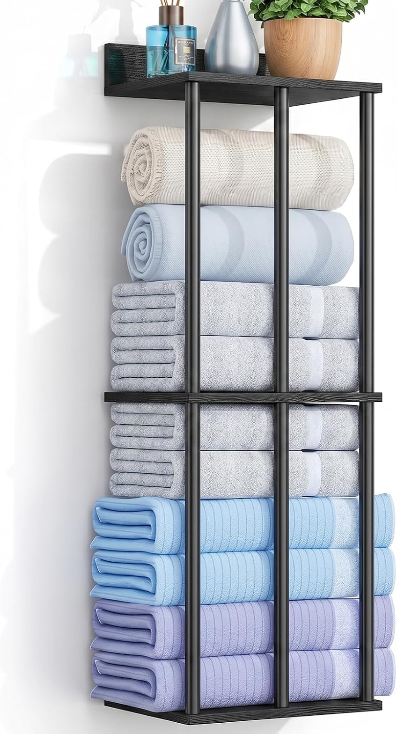 Towel Racks for Bathroom Wall Mounted with Wooden Storage Shelf, 3 Bar Metal Towel Holder for Rolled Towels, Sturdy Large Capacity Towel Storage Organizer for Bathroom Wall