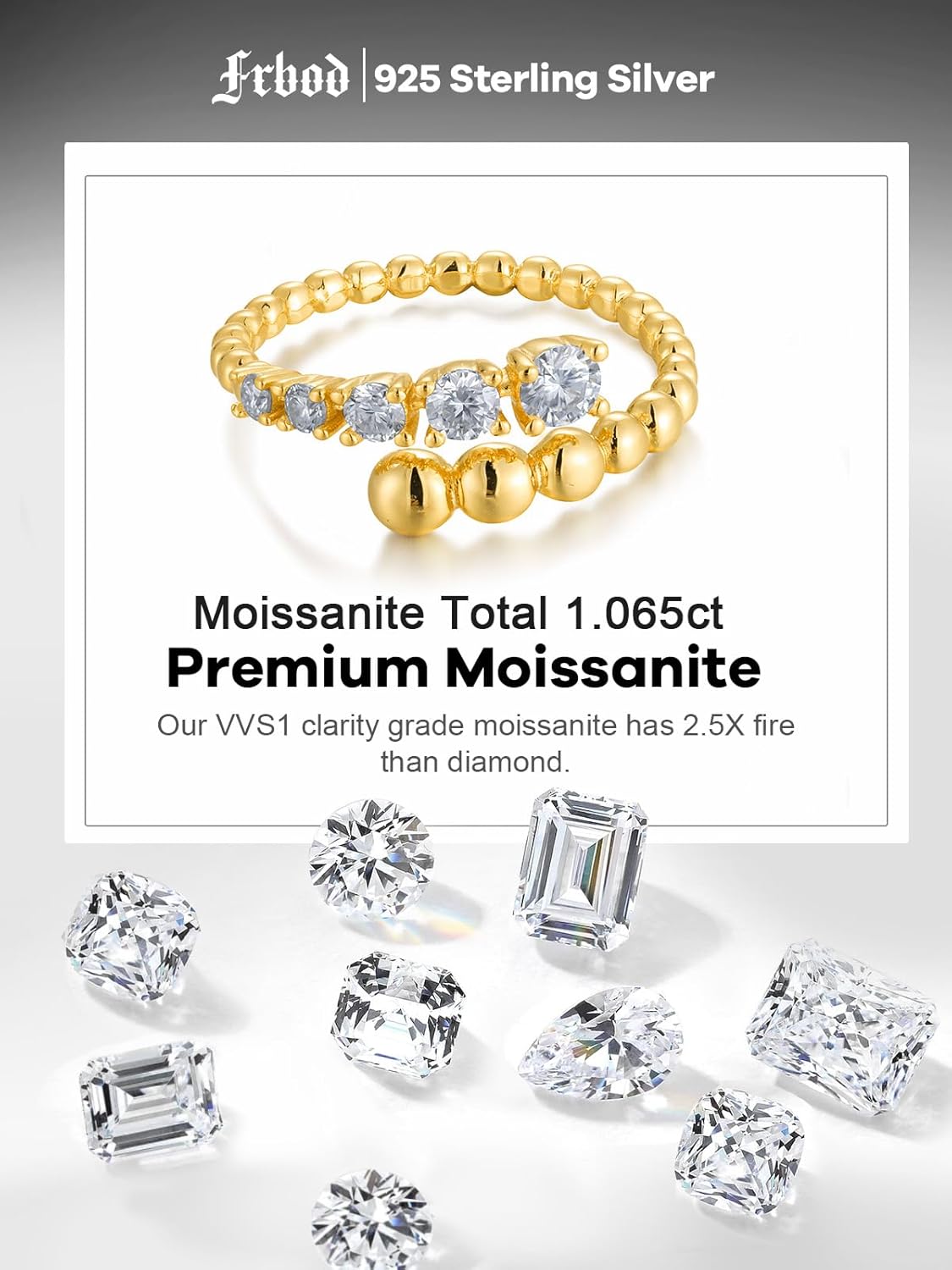 D Color VVS1 Clarity Moissanite Beaded Open Ring for Women, Solid 925 Sterling Silver with Gold Plated, Aniversary Christmas Valentines Jewelry, Size 5-11 - Image 4