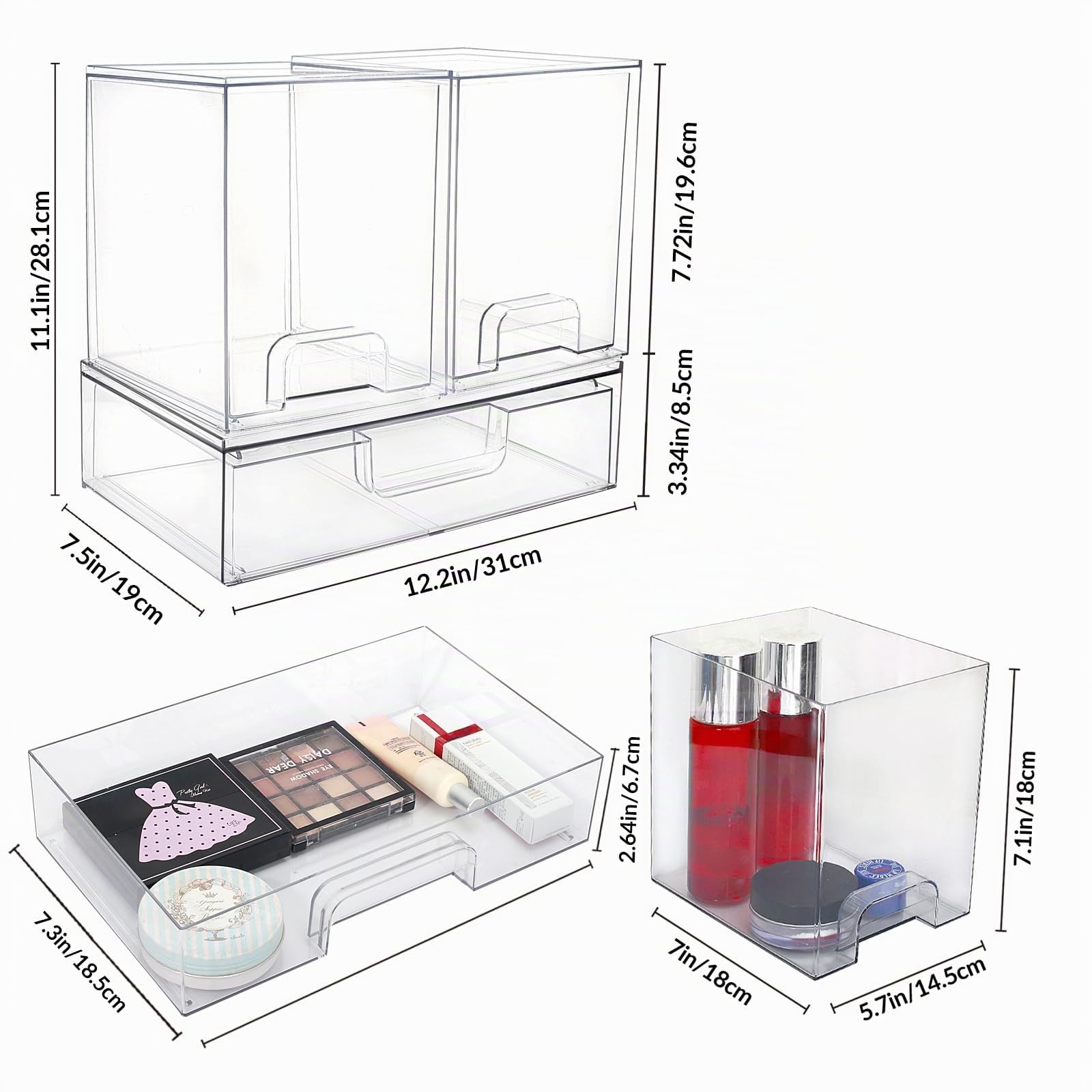 Grandi cassetti impilabili, organizer per trucchi in plastica trasparente con cassetto estraibile per sotto il lavandino, dispensa, bagno, cucina e ufficio