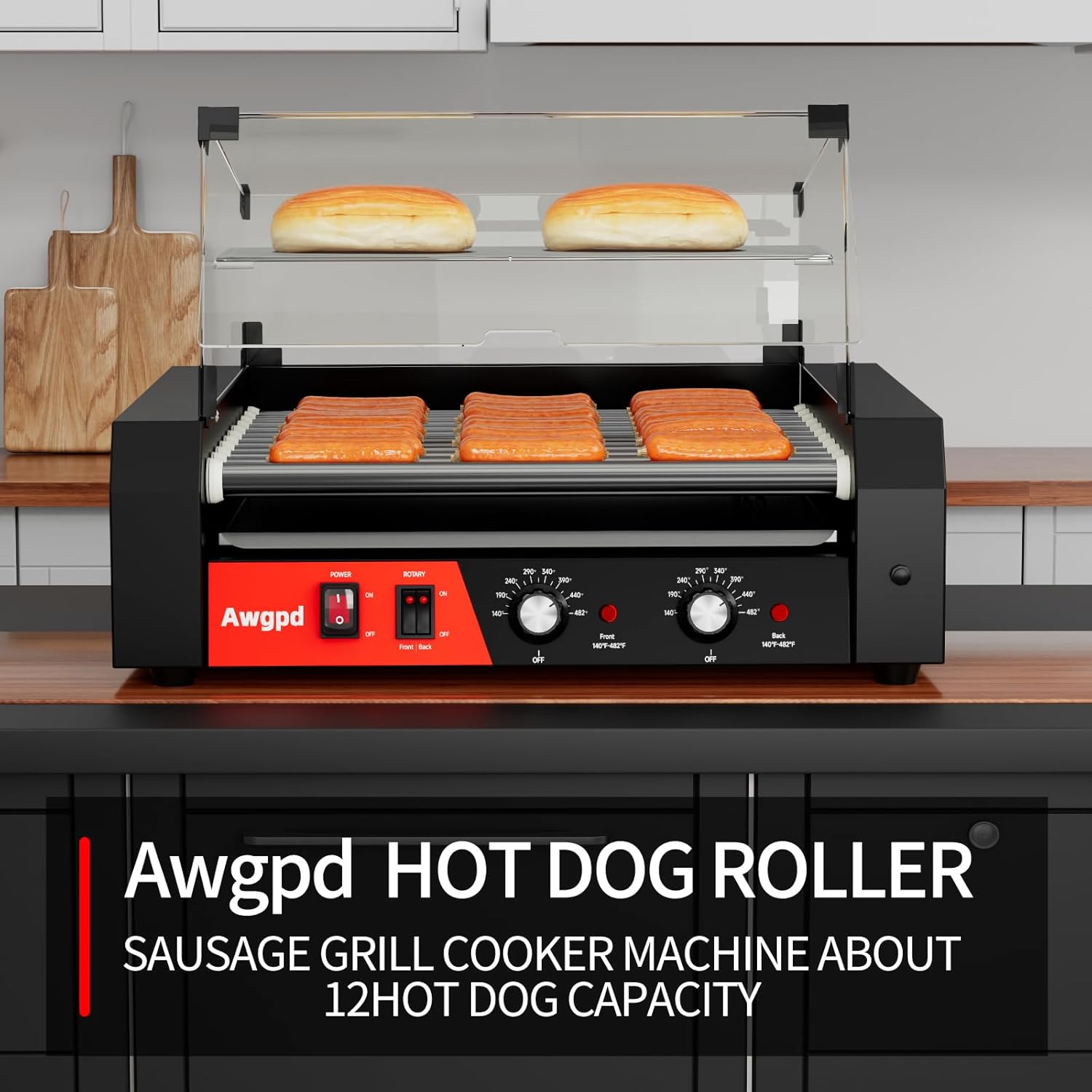 1650W Commercial Hot Dog Rollers,11 Rollers 30 Hotdog Roller Grill,Stainless Steel Hot Dog Machine With Dust Cover,Hot Dog Roller Machine With Dual Temp Control Bun Warmer Shelf Removable Drip Tray