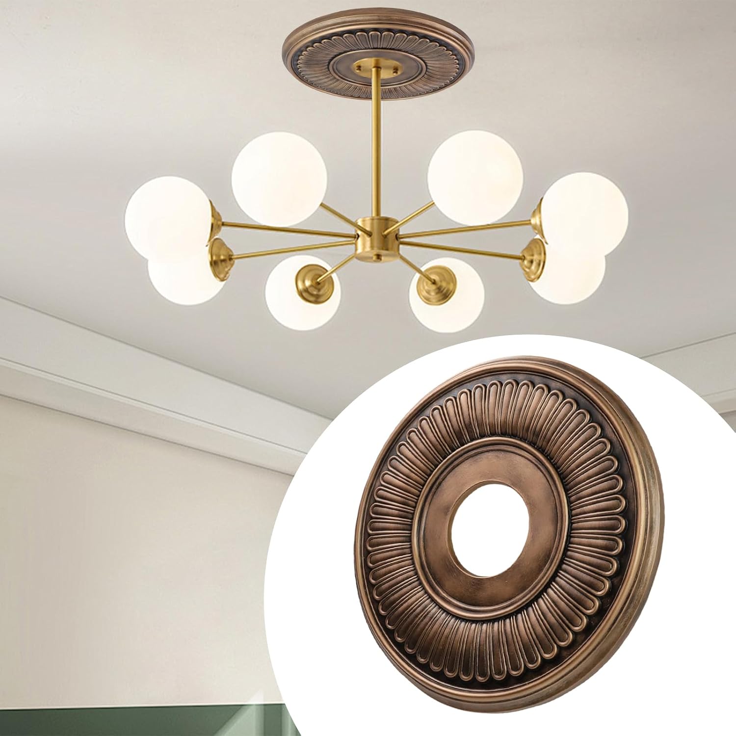 2PCS Ceiling Light Medallion, Ceiling Fan Medallions for Light Fixtures, 13"OD x 4"ID Bronze Tone PU Home Lighting Ceiling Cover Plate (Style A)