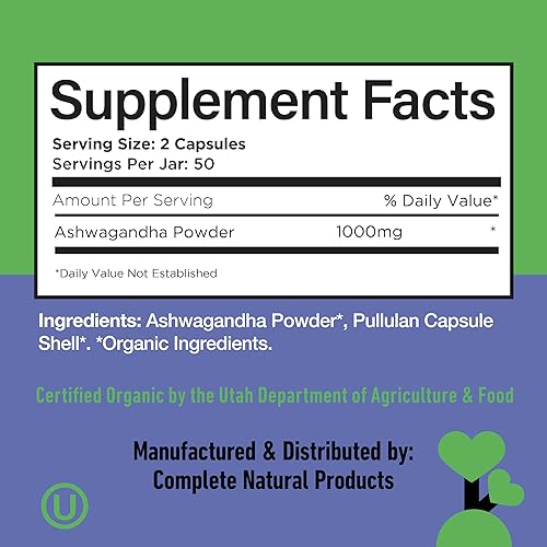 Miniatura 6 de Cápsulas orgánicas de Ashwagandha - 100 cápsulas de 500 mg de suplemento orgánico puro de Ashwagandha para un apoyo calmante