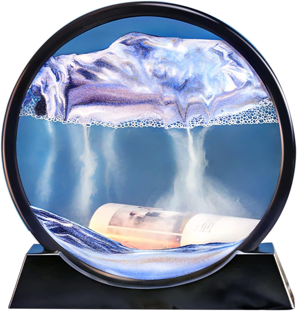 Flowing Sand Painting Moving Sand Art Picture,Dynamic 3D Natural Landscape Quicksands Painting Round Glass Sand Frame,Sand Painting Kit Desktop Art Home Ornament (Color : Blue, Size : 7inch)