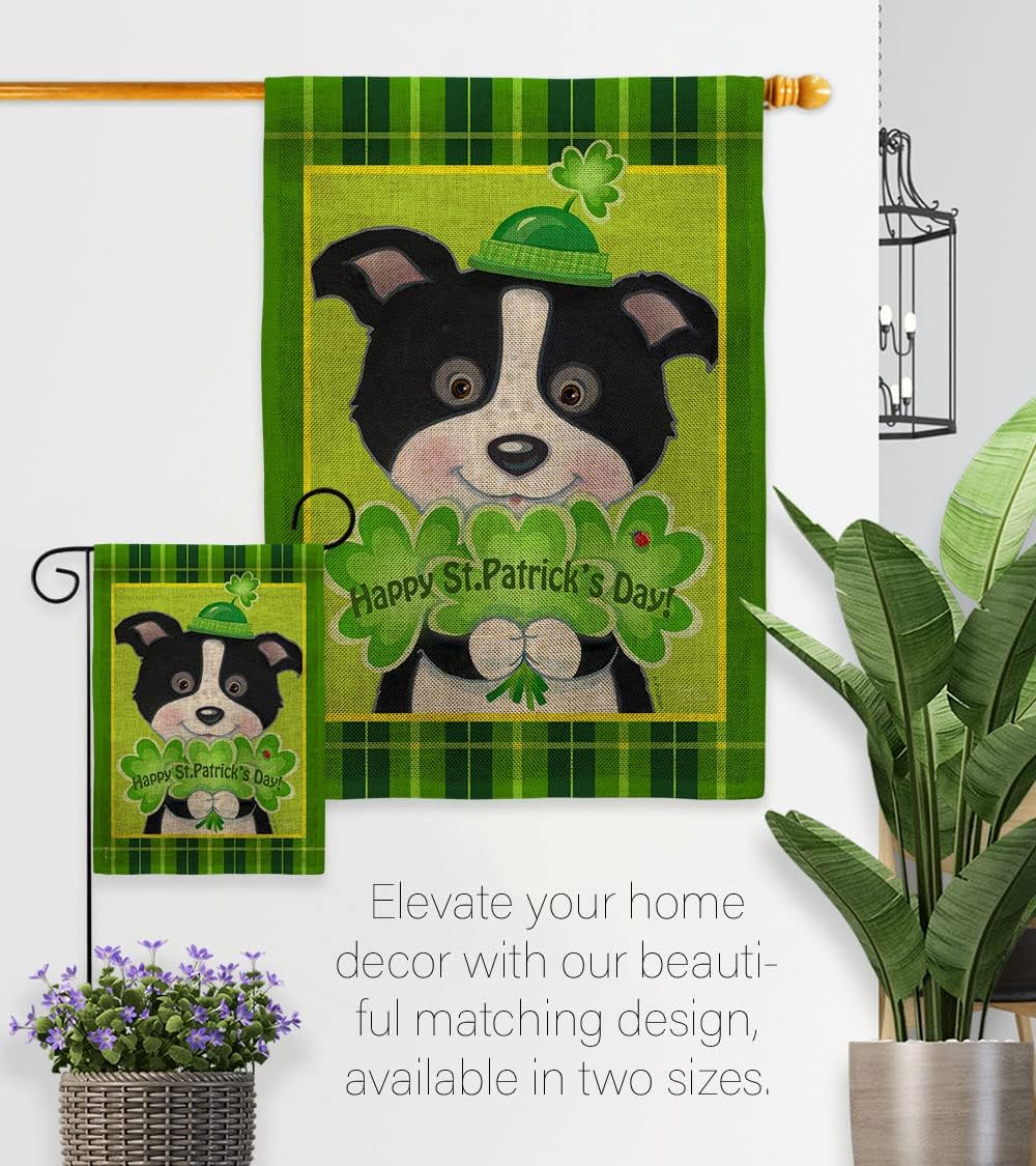 St. Pat's Puppy Garden Flag - Set with Stand Spring St Patrick Shamrock Leprechaun Lucky Coin Holiday March Irish Clover - House Decoration Banner Small Yard Gift Double-Sided Made In USA 13 X 18.5
