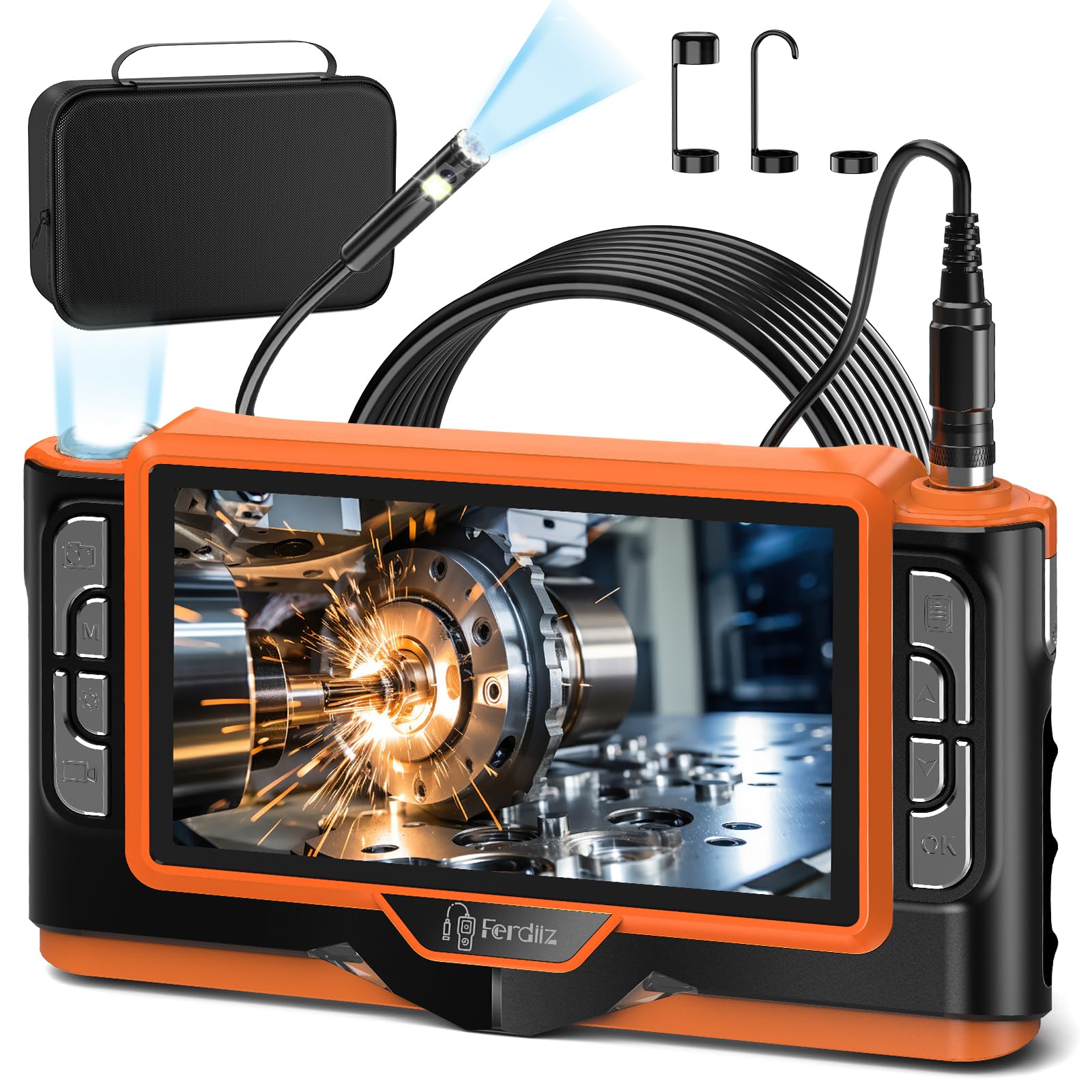 7" IPS Endoskopkamera mit Licht, 1920P HD Doppellinse - IP68 wasserdichte Inspektionskamera, 8+1 LED Rohrkamera, Halbstarres Kabel mit Taschenlampe, Auto, Rohre & Haus, Plug & Play - 5m/16ft