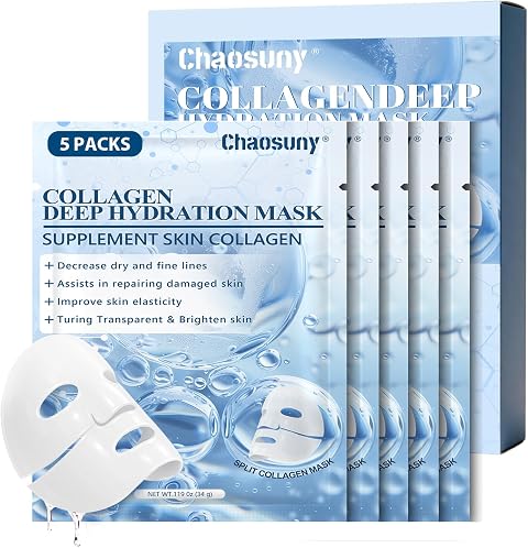 5 Masque Visage au Collagène Hydratant - Soin Anti-Âge et Rides | Resserre les pores et raffermit la peau. Formule nourrissante pour un teint éclatant, lisse et uniformisé
