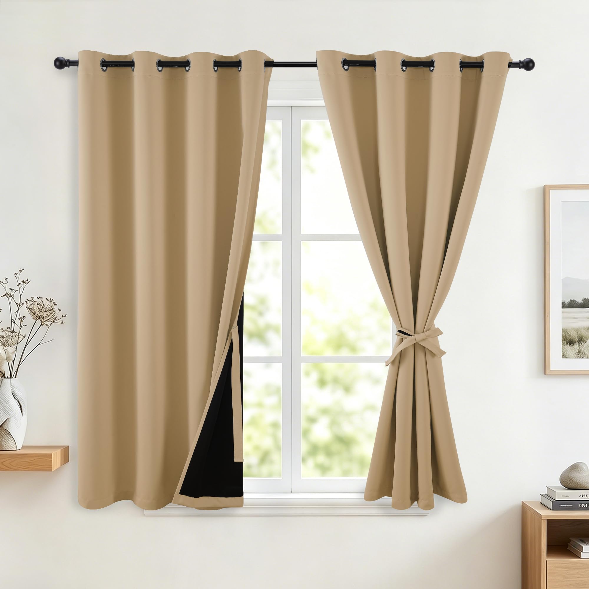 DWCN 100% Blackout Curtains Thermal Insulated, Beige, 52x63 Inch, 2 Panels