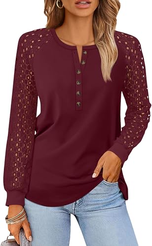 LILLUSORY Women Lace Long Sleeve Shirts Henley Tops Casual Blouse Burgundy