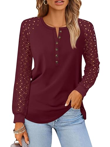 LILLUSORY Womens Lace Long Sleeve Shirts Henley Tops Business Casual