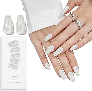 Skycloud White Eyes Press On Nails, 12 Sizes - 24 Pcs Soft Gel Medium Coffin False Nails Kit with Glue, Natural Reusable Stick On Nails for Women & Girls (SK0720)