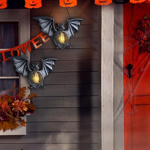 Miniatura 3 de Luces de murciélago 3 piezas de linterna de Halloween fácil de colgar espeluznante murciélago luz al aire libre LED figura decoración decoración de