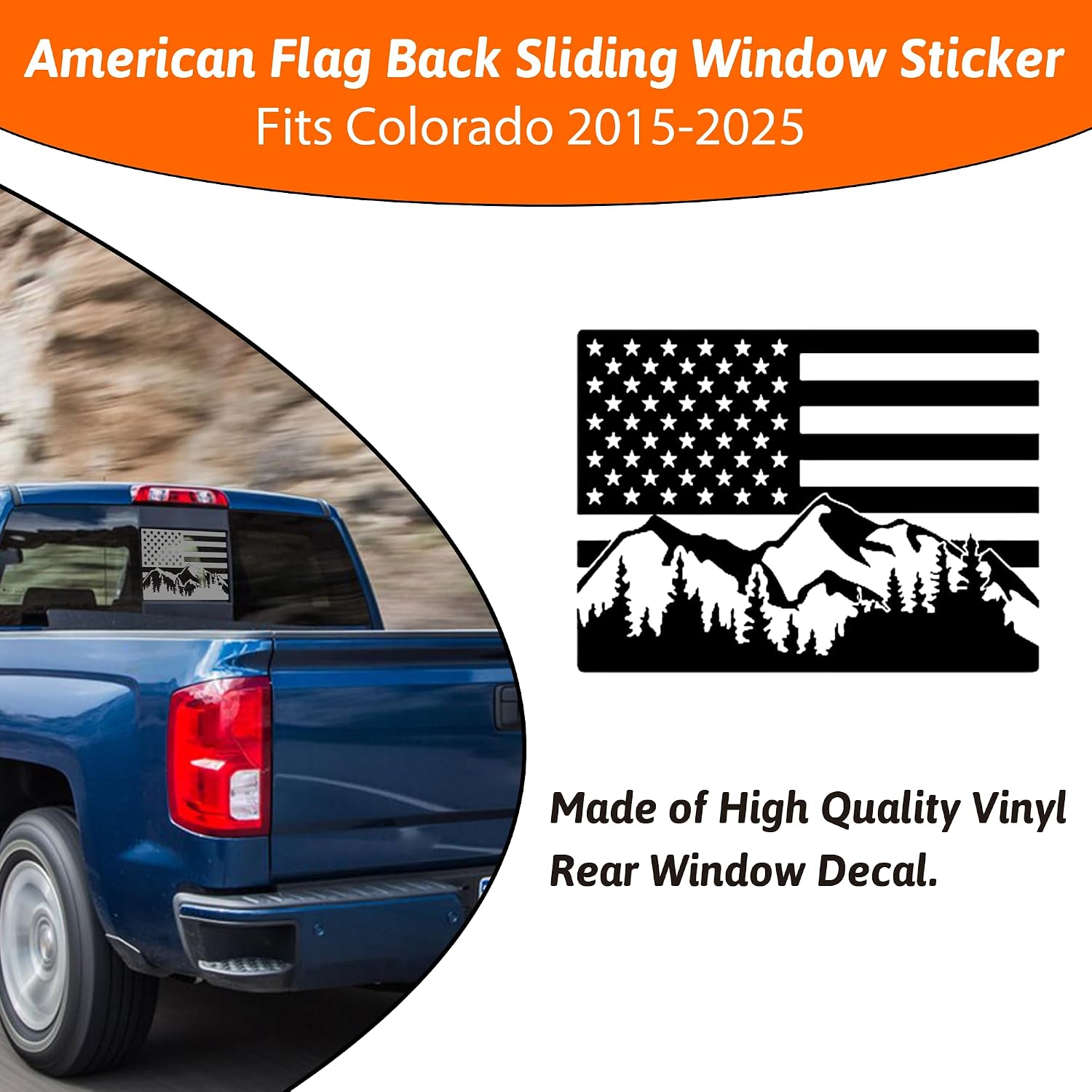 Rear Back Middle Window Decal Fits Chevy Colorado 2015-2025 Mountain Scene American Flag Vinyl Stickers (Matte Black)