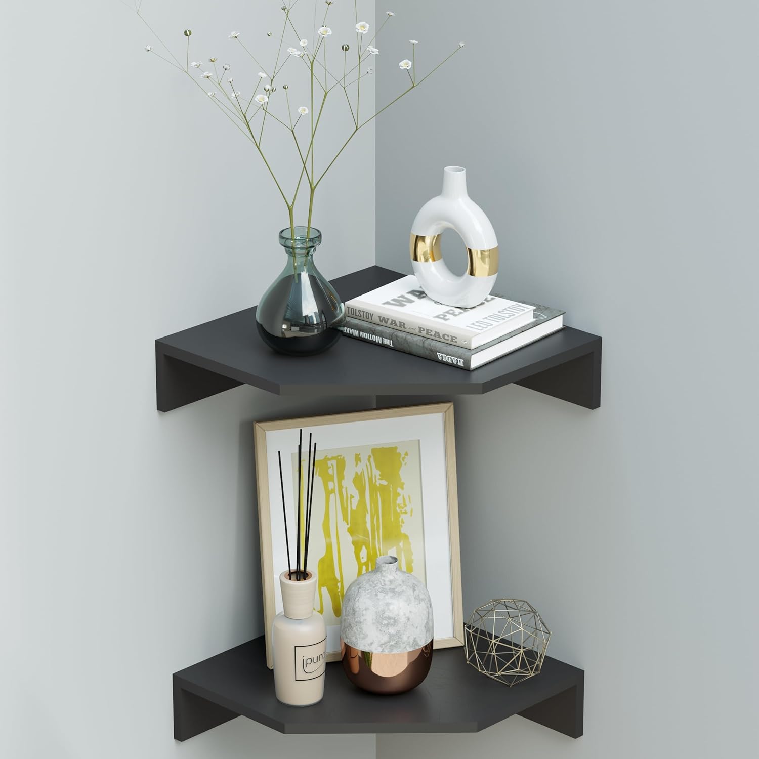 IRON WOOD Floating Corner Shelf Wall Mount Set of 2