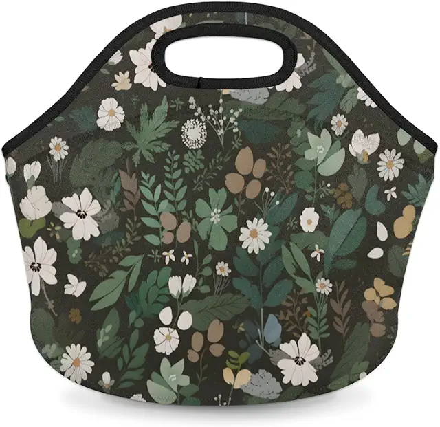 Neoprene Lunch Box Tote Bag - Insulated Dark Green Floral Food Carrier