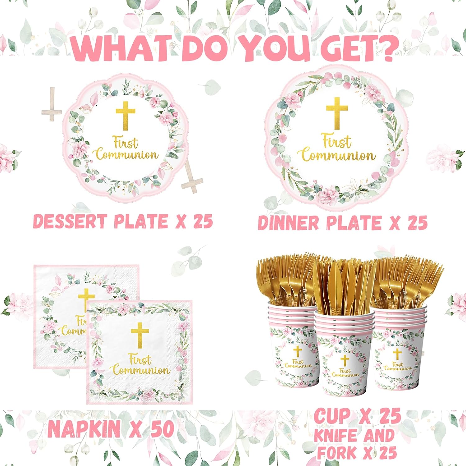 First Communion Decorations for Girls, First Communion Plates and Napkins Pink Primera Comunion Decoracion for First Holy Communion Baptism Party Decorations Serves 25