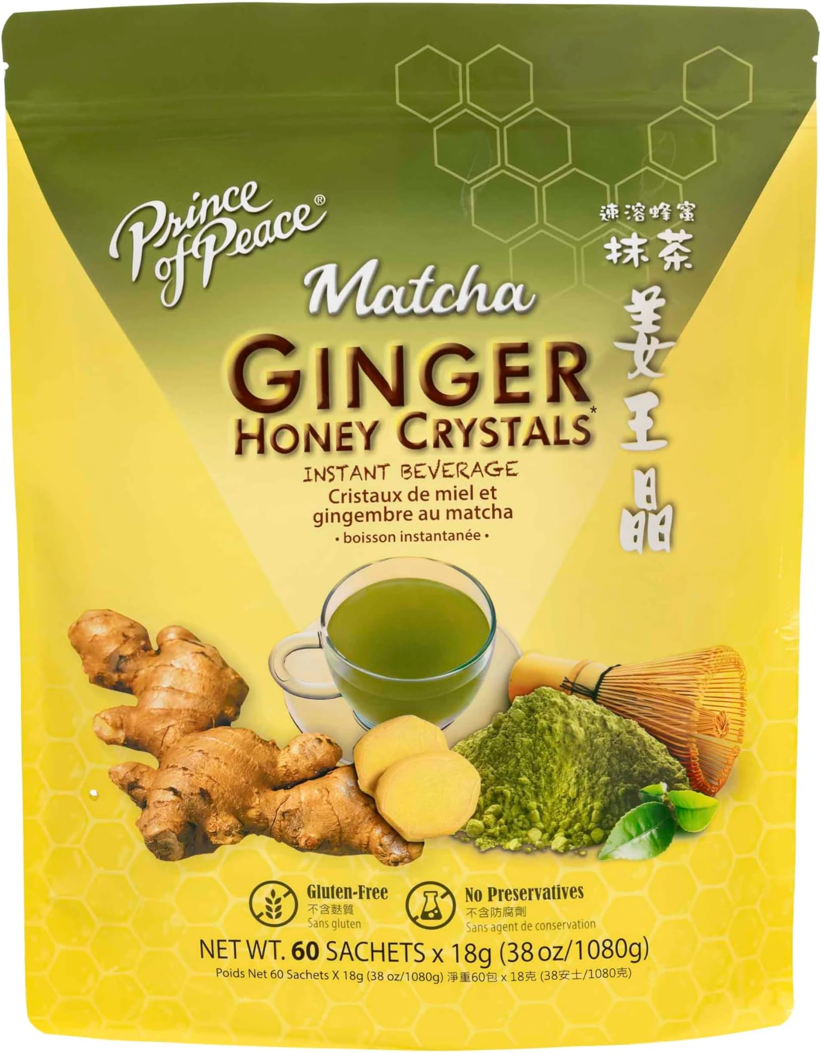 Prince of Peace Instant Lemon Ginger Honey Crystals, 30 Sachets Instant Hot or