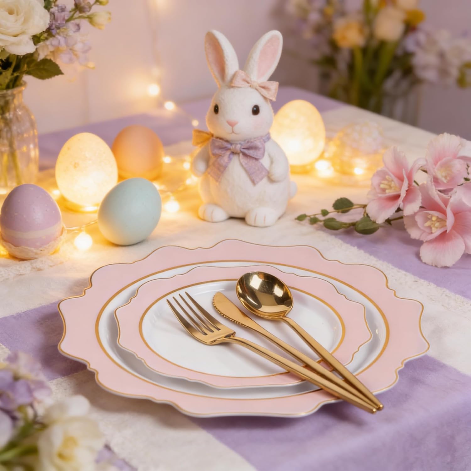 WDF 100PCS Pink Plastic Plates - Heavy Duty Pink and Gold Disposable Plates - Include 50 Dinner Plate and 50 Cake Plastic Plate for Baby Shower/Wedding/Spring/Bridal Shower/Tea Party/Easter