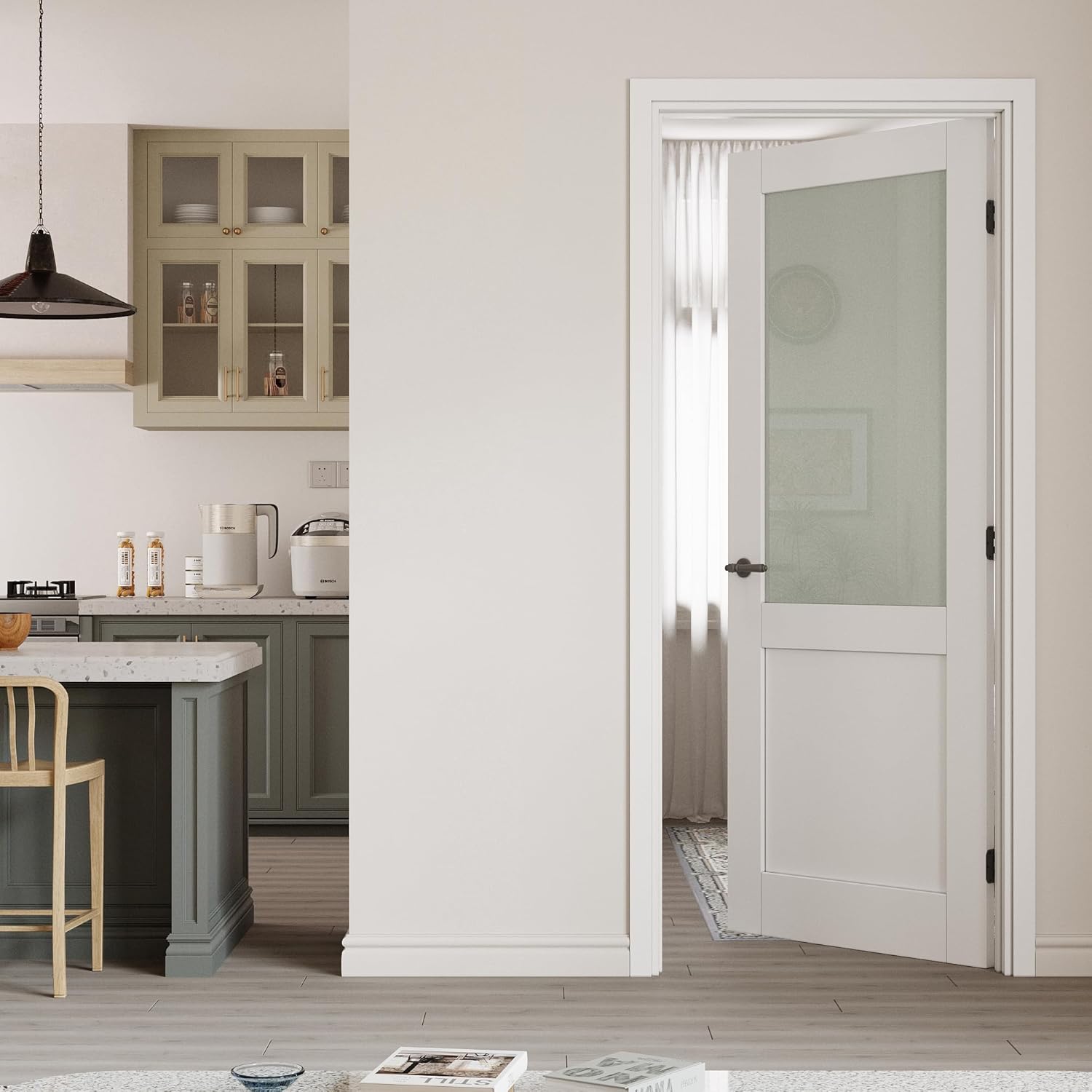 36 x 80 Prehung Door Half-Lite Tempered Frosted Glass Slab Doors with Jamb Kit, Solid Core MDF Interior Door for Bathroom Pantry Laundry, Easy Assemble - Right Handed Black Hinge