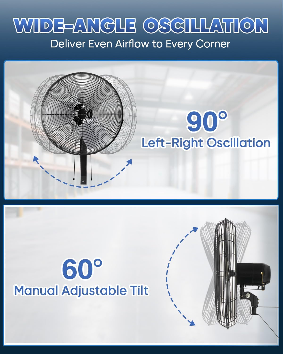 KEN BROWN 20 Inch Industrial Oscillating Wall Mount Fan 5500CFM,Heavy Duty,High Velocity,3- Speed,Black