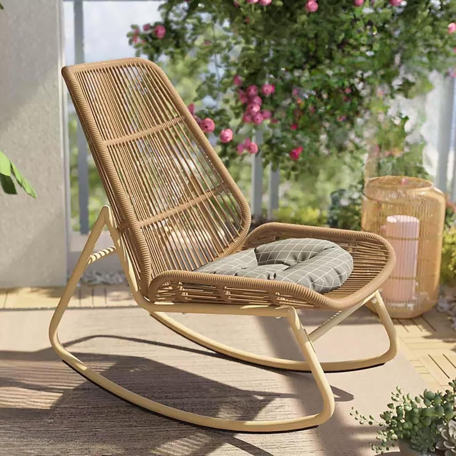 Rattan Rocking Chair with Cushion, Ergonomic Backrest, Metal Frame, 150KG Capacity, Easy to Assemble, for Garden, Balcony, Living Room(Brown)