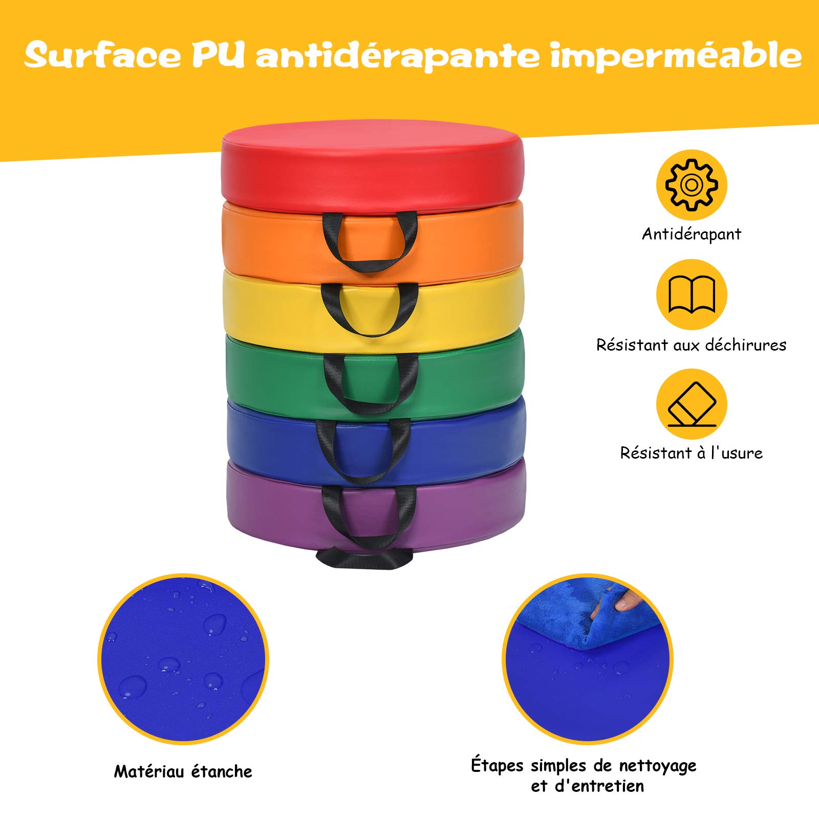 COSTWAY Lot de 6 Coussins de Chaise Enfant avec Poignées Portable, Coussins d'assise Rond 38 x 38CM Multicolores avec Fermeture Éclair & Surface en PU, Coussins de Siège Imperméable