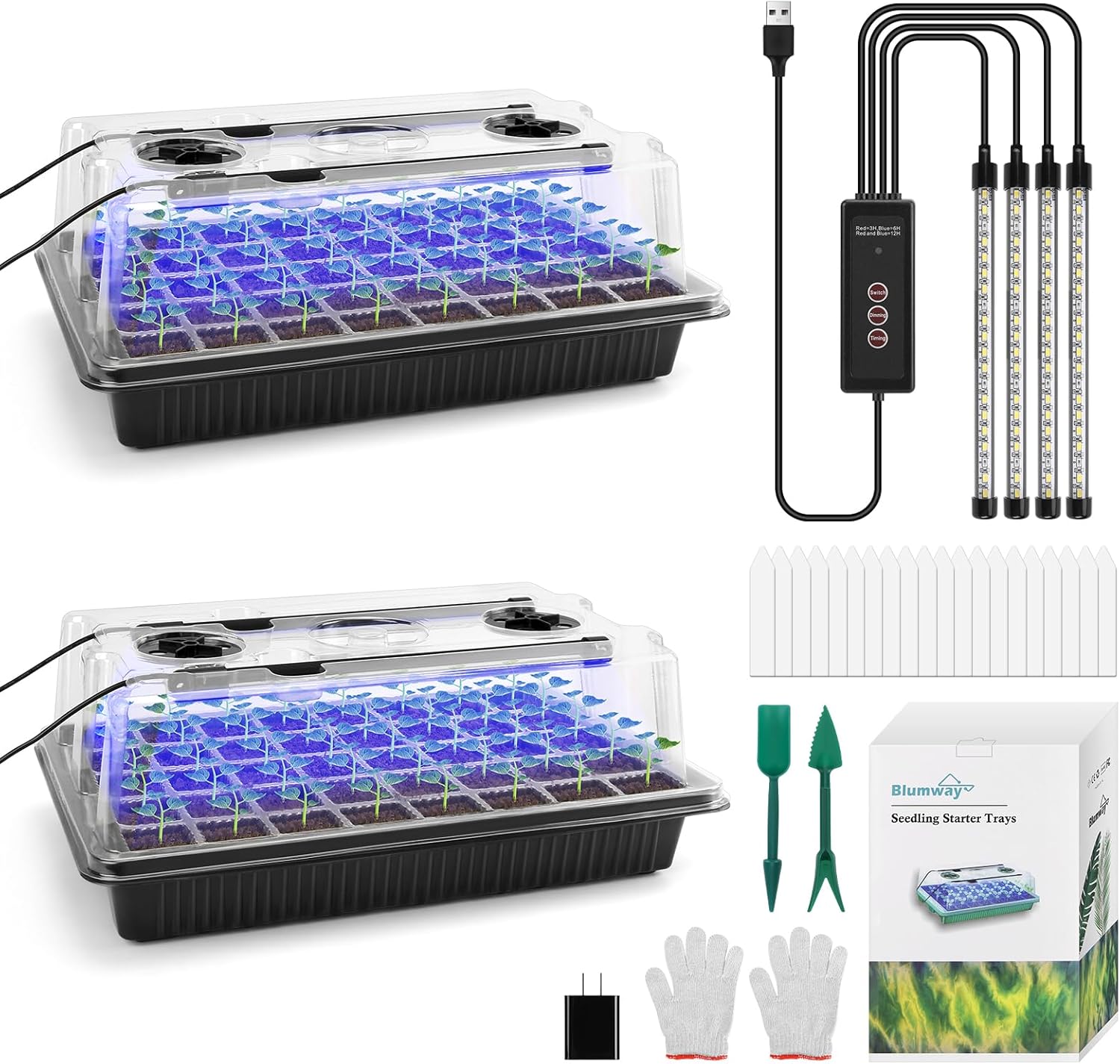 BlumWay Seed Starter Tray with Grow Light,2 Pack 80 Cells Seedling Tray Kit with Humidity Dome/Indoor Plant Starter Kit, Adjustable Brightness Plant Germination Trays-Black