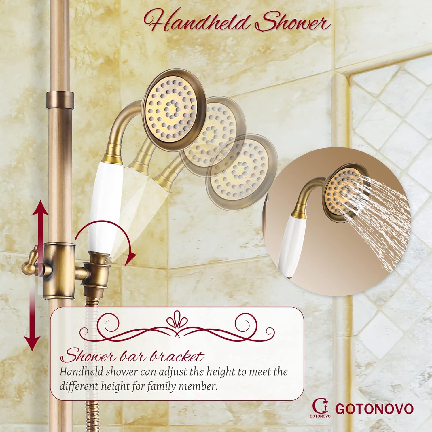Gotonovo Exposed Antique Brass Shower System Set - 8" Rain Shower Faucet Fixture With 2 Double Knobs Handle, Triple Function Tub Spout Combo Unit