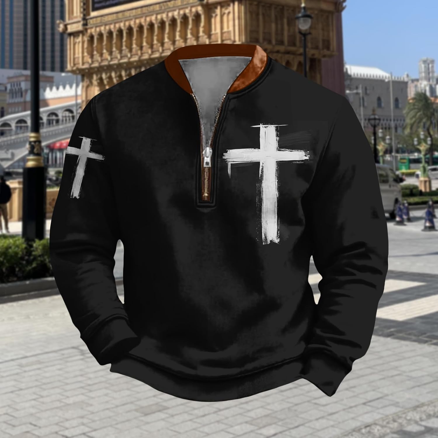 Bengbobar Mens Christian Faith Sweatshirts 1/4 Zip Pullover Jesus Cross Long Sleeve Shirt Retro Vintage Sweatshirt for Men