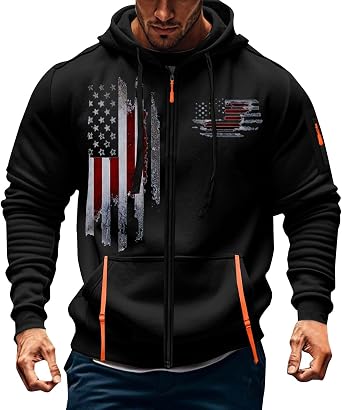 Zipper Hoodies for Men American Flag Graphic Tactical Hooded Sweatshirt Military Athletic Jacket with Multi Pockets