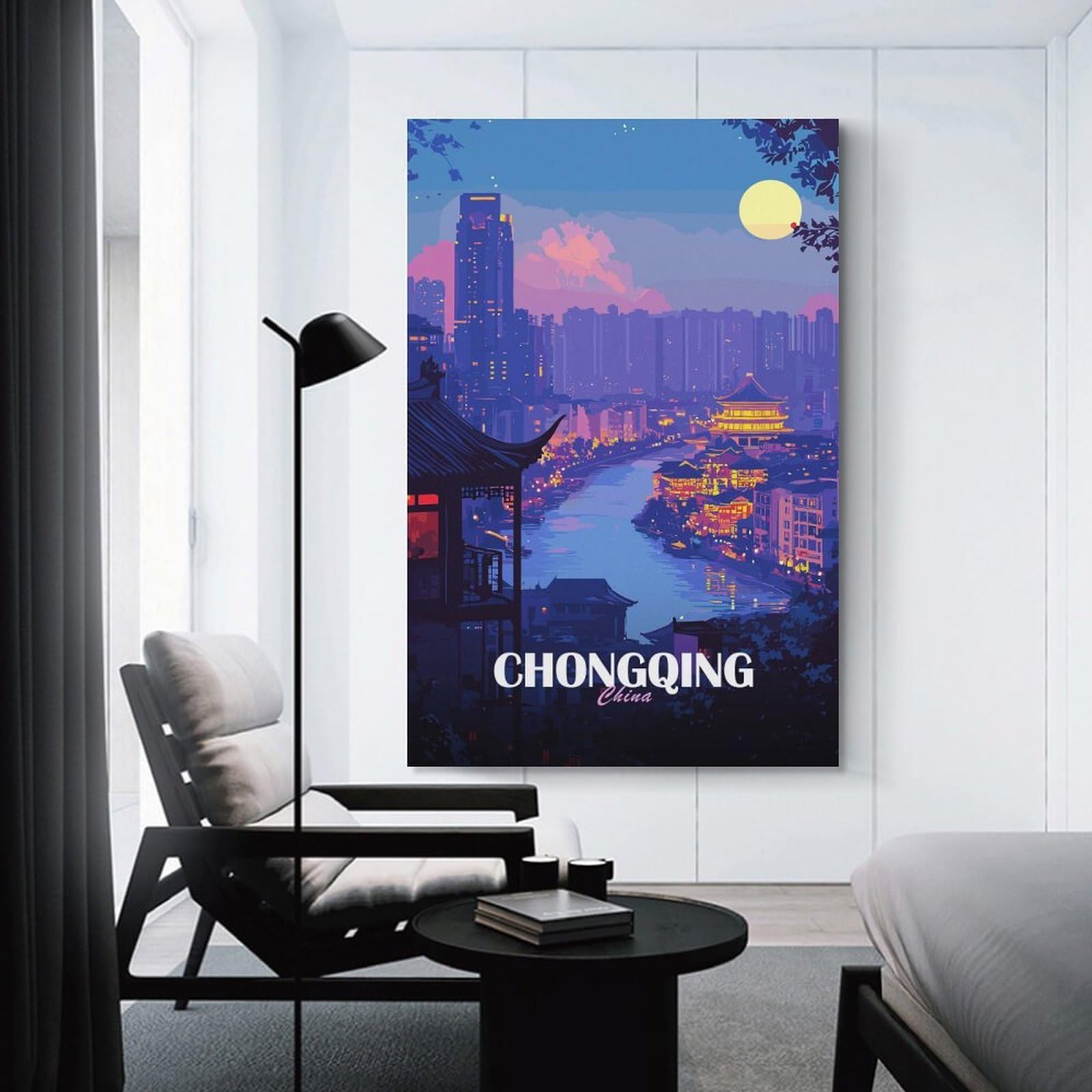 Junmoney Chongqing China Cityscape at Night Canvas Wall Decor, 08x12inch(20x30cm), for Gallery Wall Decor And Room Displays, Wall Decor Suited to Curated Displays