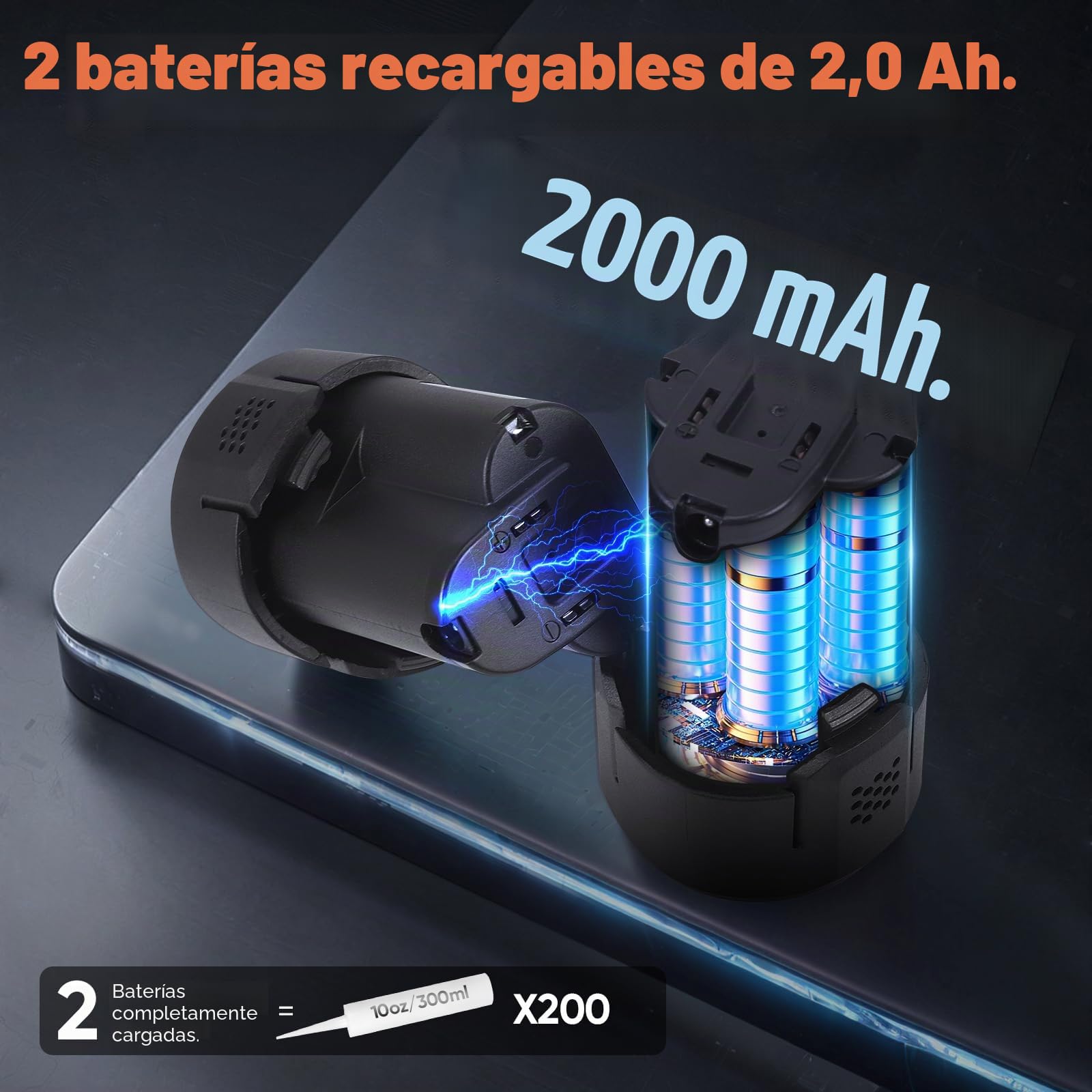 Pistola eléctrica de cartuchos con batería, pistola de cartuchos de 12V con 2 baterías, luz LED y 6 velocidades ajustables, pistola eléctrica de cartuchos de 300ml para sellado y masilla