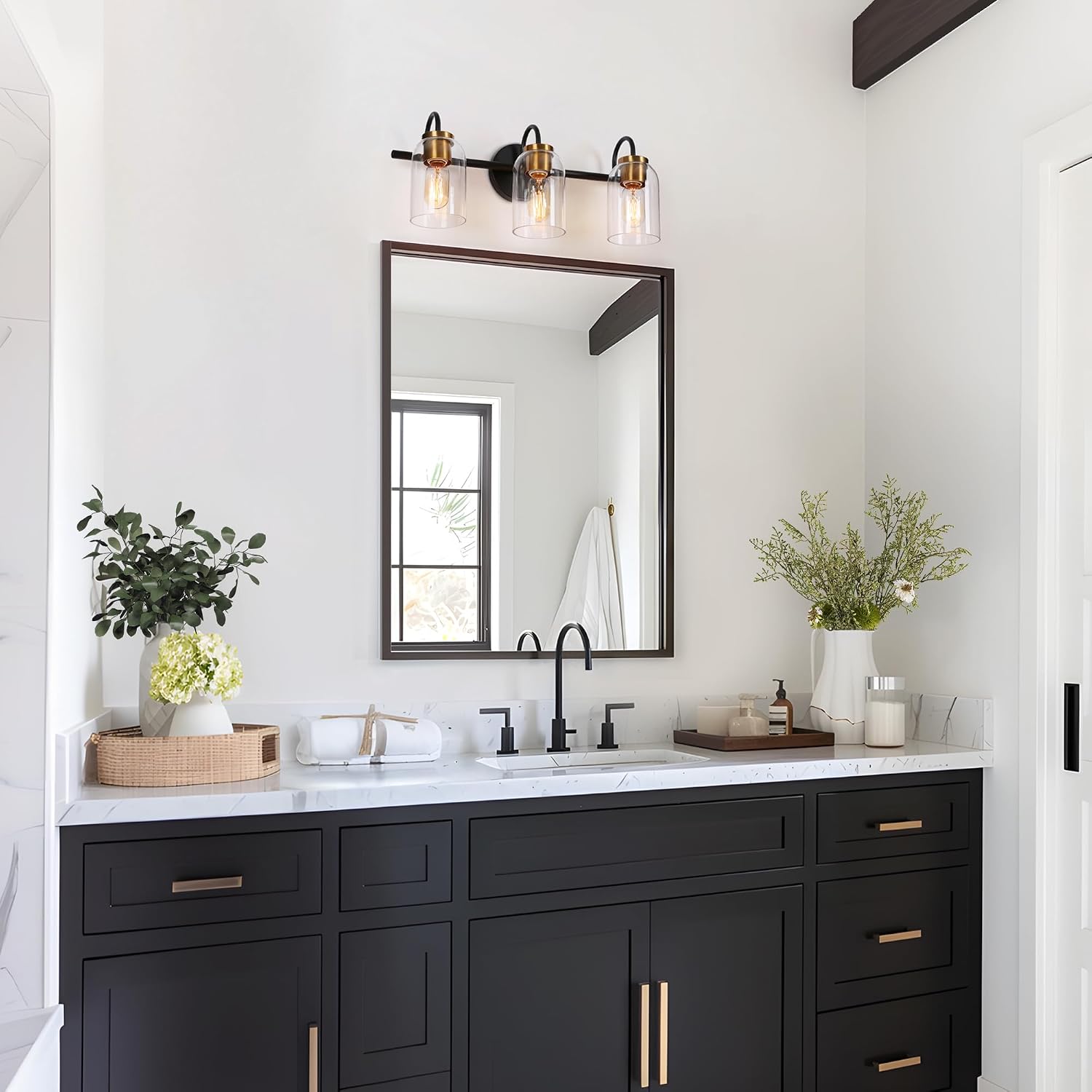 KSANA Black Gold Vanity Light, Modern 3-Light Bathroom Light Fixtures with Clear Glass Shade and Electroplated Brass Accents for Dressing Table, Powder Room, Mirror