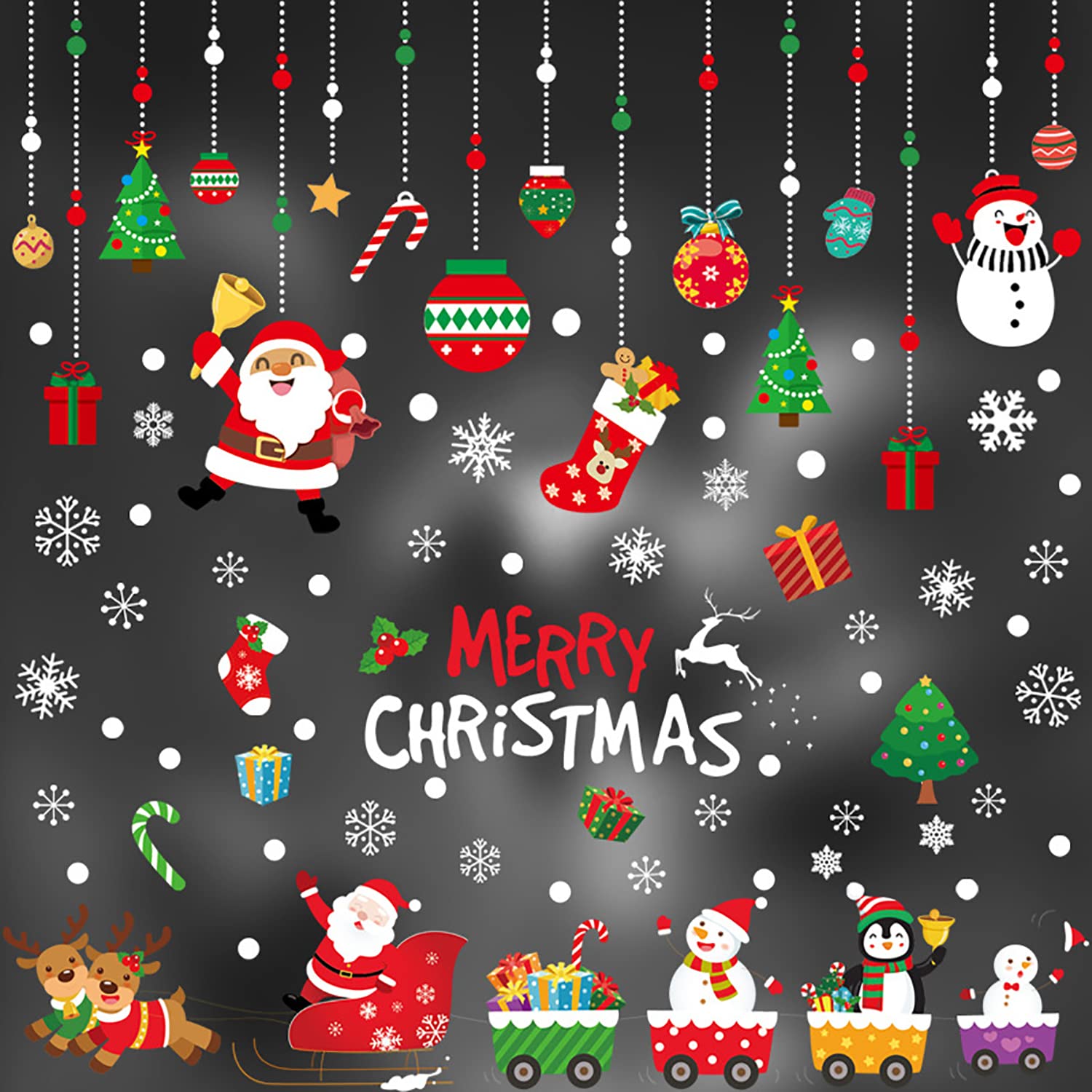 Arabest 194Pcs Christmas Window Clings, 4 Sheets Snowflake Stickers for Glass Windows, Large Christmas Decorations Decals with Santa Claus Reindeer, Merry Christmas Window Clings for Kids