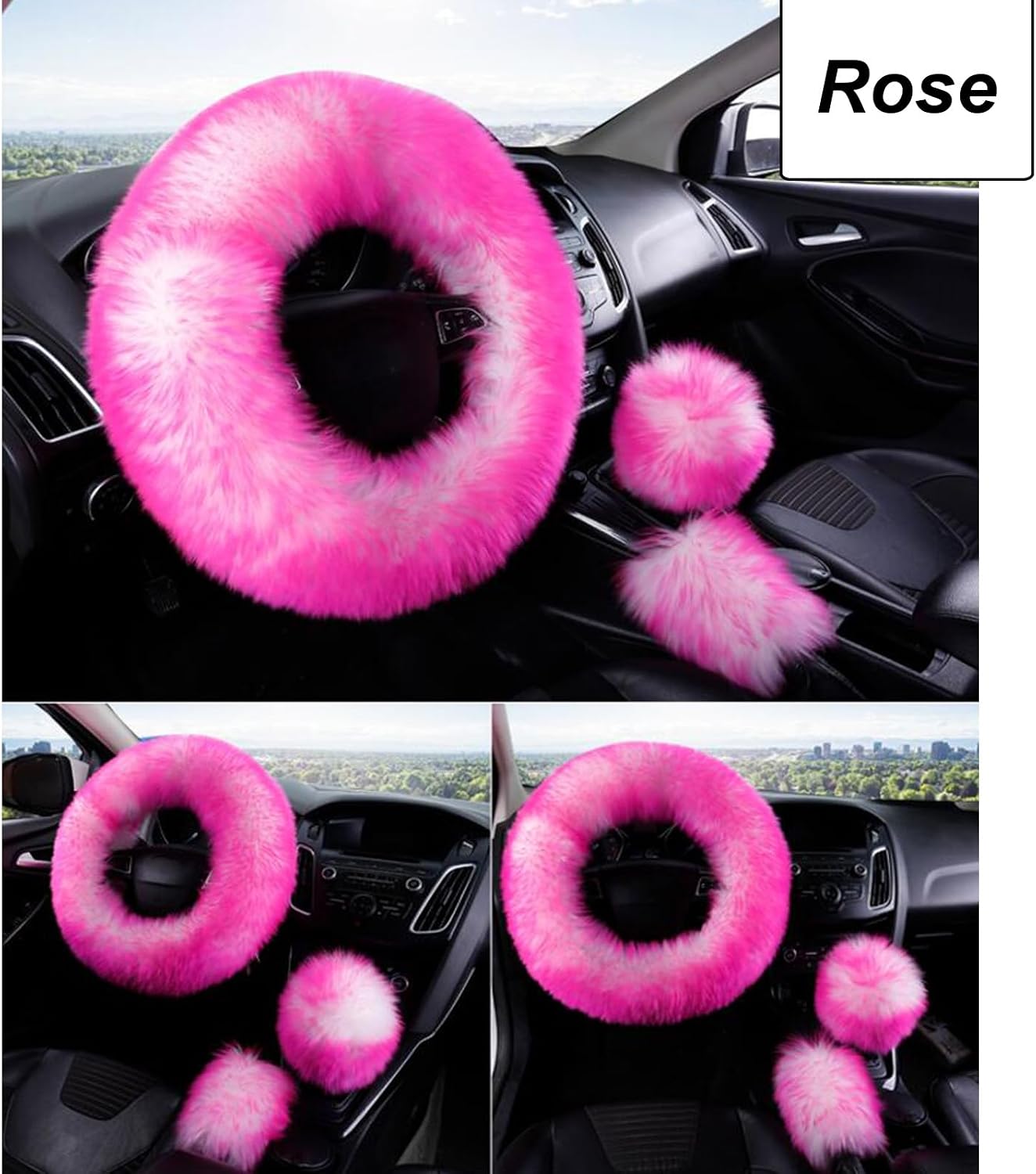 Car Steering Wheel Cover Gear Shift Handbrake Fluffy Cover for Women/Ladies Pure Wool Universal Fit 15 Inch 1 Set 3 Pcs (Rose)