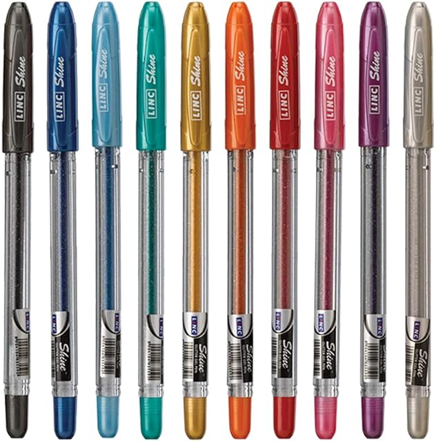 10 x Linc Shine Sparkled GLITTER Gel Pens 0.7 mm FINE Tip 10 colours