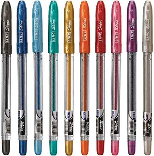 Linc 10 x Shine Sparkled GLITTER Gel Pens 0.7 mm FINE Tip 10 colours
