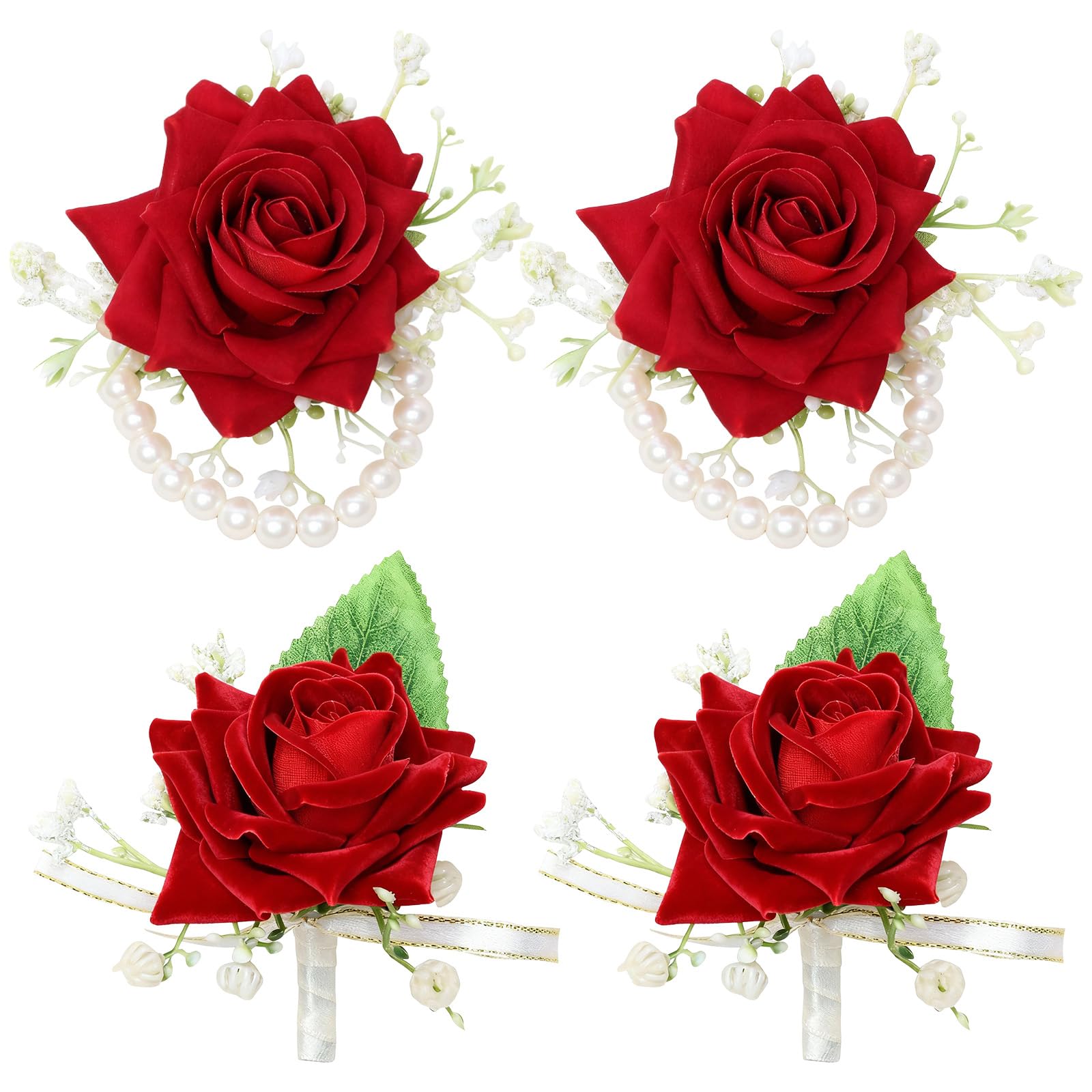 Photo 1 of Sdfvsdg 4Pcs Red Rose Corsage and Boutonniere Set Artificial Corsage Wristlet Band Bracelet Men Boutonniere for Wedding Party Prom Decor Flowers Accessories Party