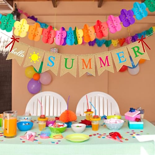 Miniatura 7 de Adurself Cartel de arpillera de Hello Summer con letreros de sol y lazos, guirnalda rústica para campamento, piscina, playa, barbacoa, decoración