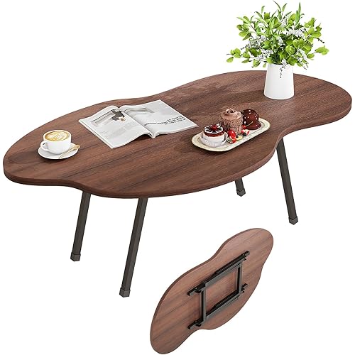 Foldable Coffee Table,Mid Century Modern Coffee Table Living Room Tables,Cloud Shape Irregular Center Table,Portable Folding Table for Small Spaces,Living Room,Bedroom,Entryway,Easy Assembly,Walnut
