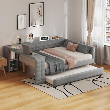 Upholstered Full Size Daybed with Twin Trundle and Desk, Day Bed with Storage Bookshelf and USB Charging Station, No Box Spring Needed for Boys Girls Kids Adults, Gray