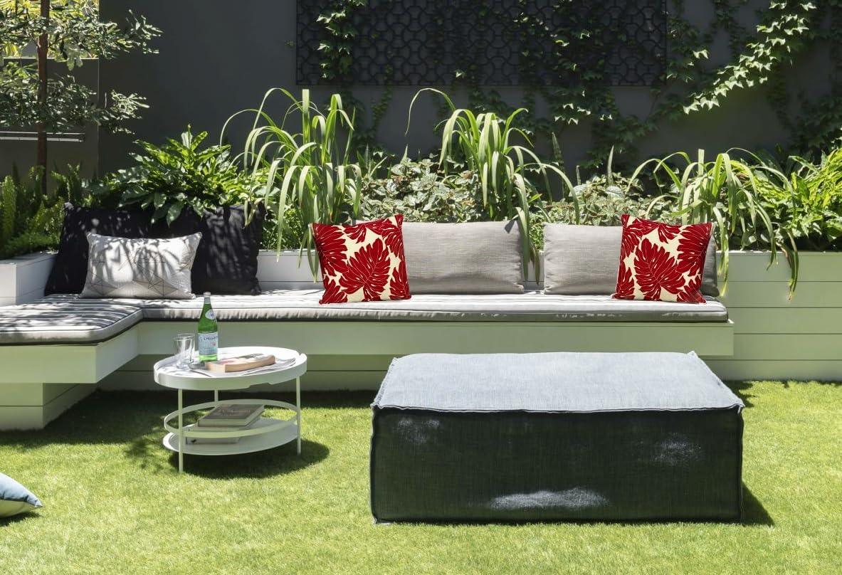 Outdoor Waterproof Decorative Throw Pillows with Inserts for Patio Furniture, 18x18 Inch Fade Resistant Patio Garden Cushions for Couch Bed Sofa, Leaves Red