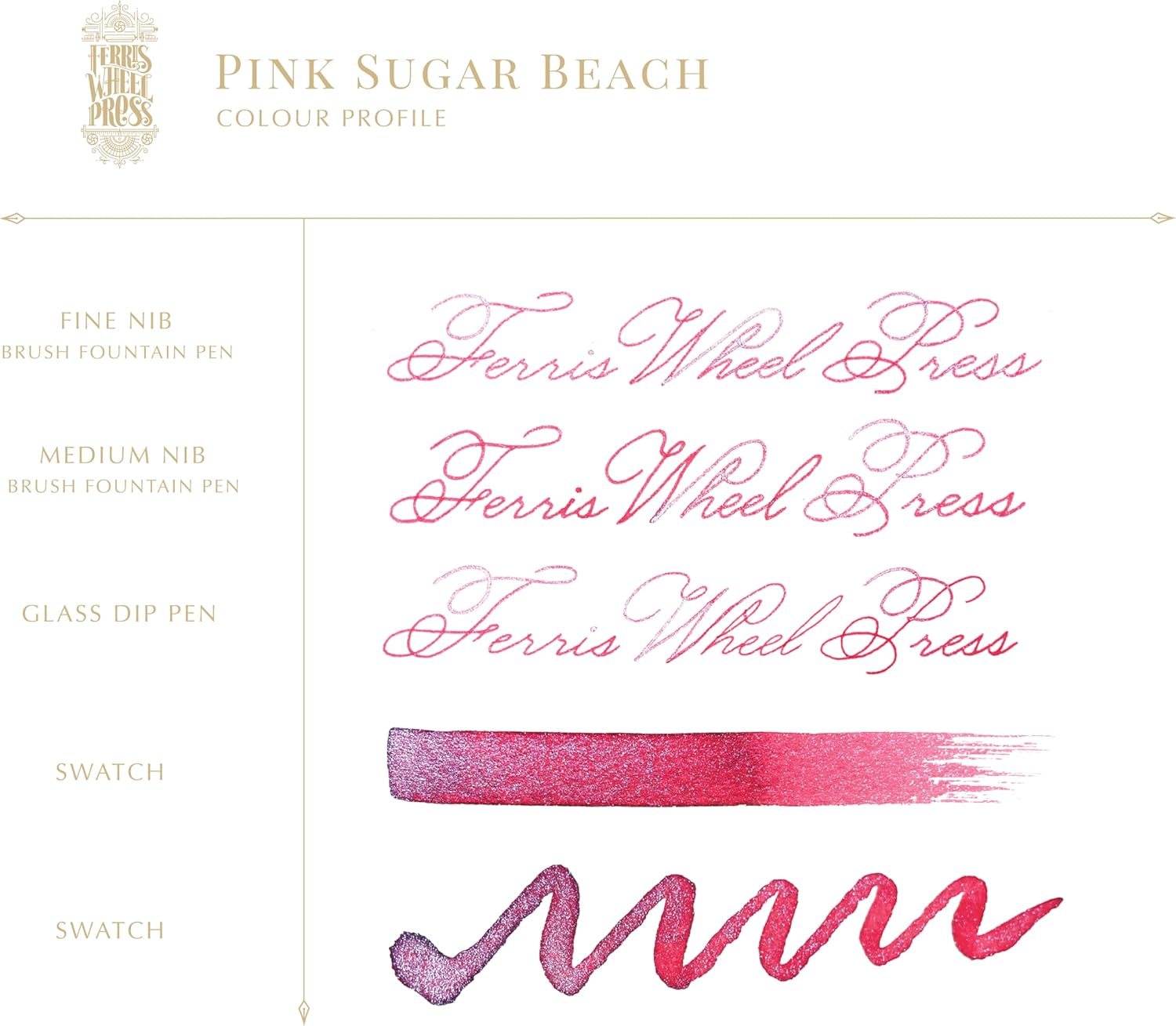 Ferris Wheel Press Ink, Everyday Ink Collection, Pink Sugar Beach, Hot Pink with Electric Blue Shimmer, 38ml Fountain Pen Ink Bottle