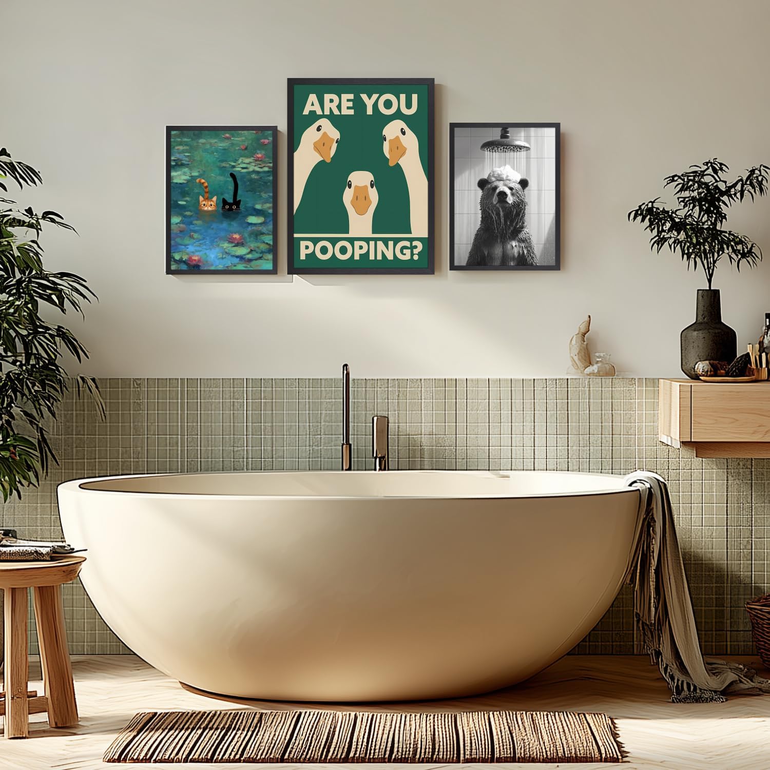 EisEver Funny Goose Bathroom Wall Art, Cute Whimsical Three Goose Wall Decor, “ARE YOU POOPING?” Animal Toilet Canvas Print, Modern Humor Kids Washroom Artwork for Restroom Wood Framed 16x24 Inch
