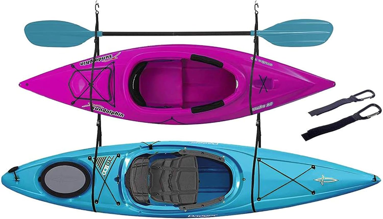 Double Kayak Storage Straps System Comes with 2 Carabiner Paddle Clips – Double Kayak Hanger, Alternative to Kayak Rack for Garage Double Kayak Storage Straps System Comes with 2 Carabiner Paddle Clips – Double Kayak Hanger, Alternative to Kayak Rack for Garage